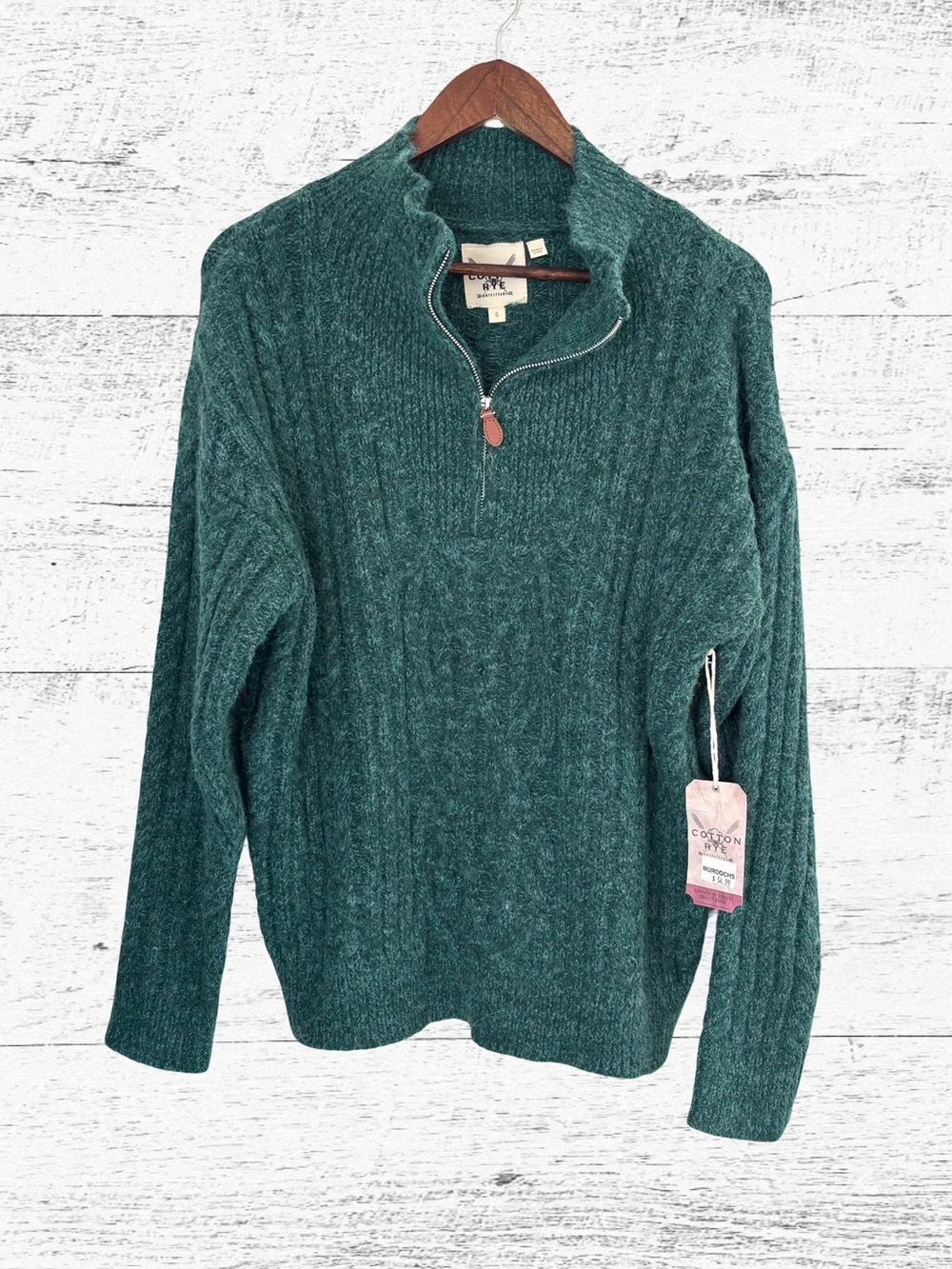 Rye Teal Cable-Knit Quarter-Zip Sweater